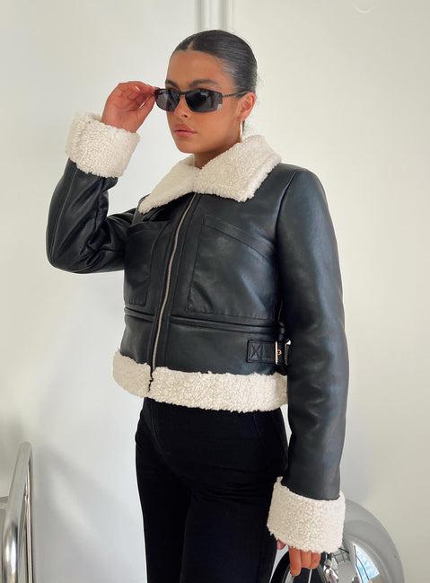 Mayella Shearling Faux Leather Jacket Black Product Image