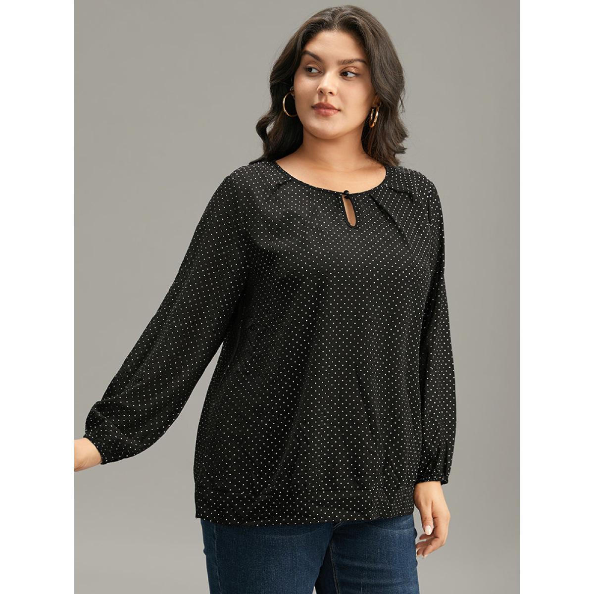 Plus Size BlackFlower Glitter Polka Dot Puff Sleeve Keyhole Blouse Women Elegant Long Sleeve Round Neck Dailywear Blouses BloomChic 18-20/2X Product Image