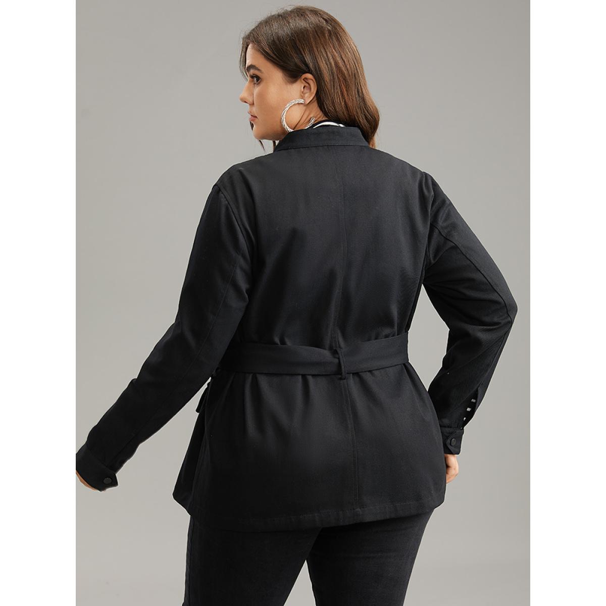 Plus Size Cotton Solid Belted Flap Pocket Coat Women Black Casual Plain Ladies Dailywear Winter Coats BloomChic 14-16/1X Product Image