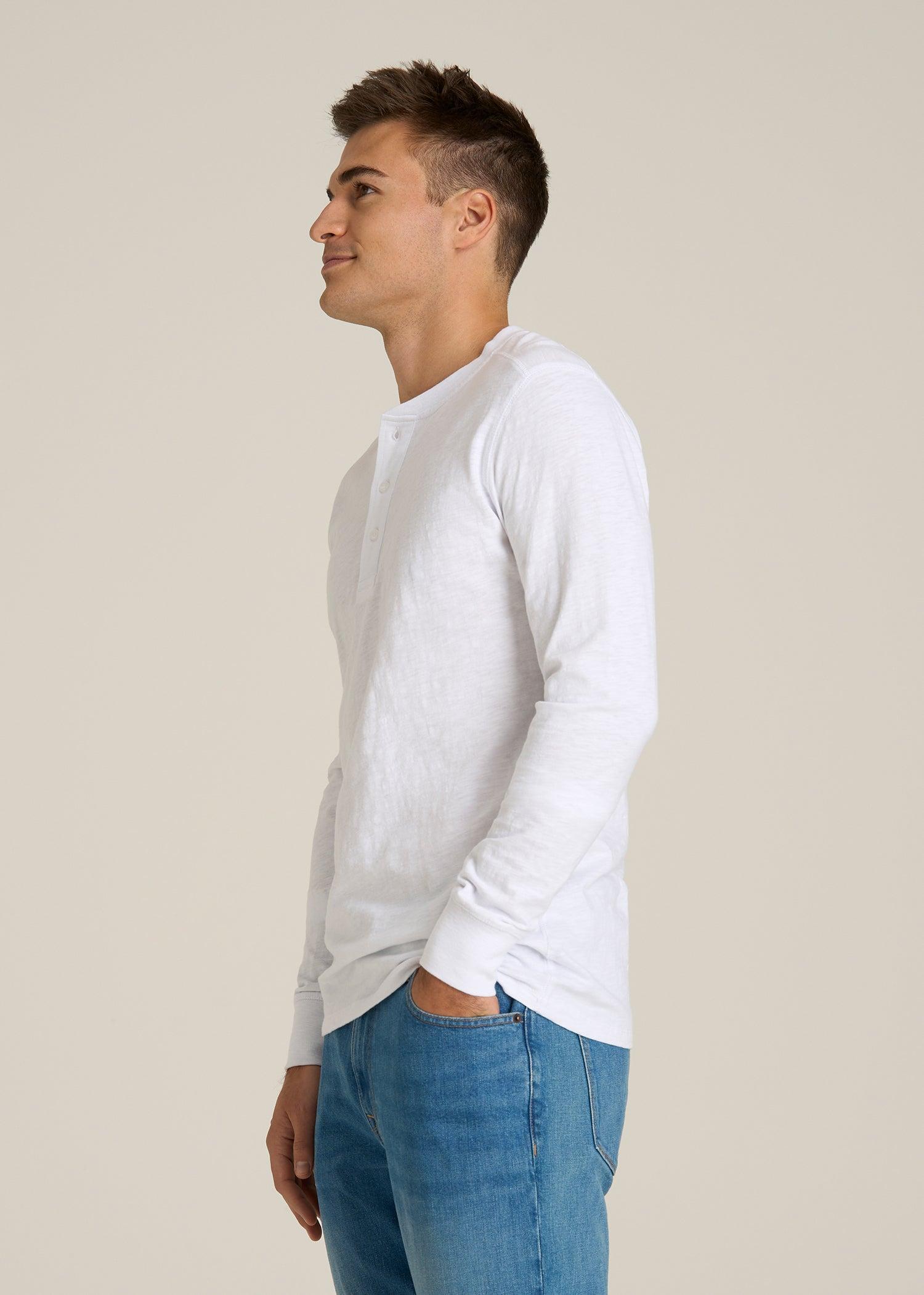 Three-Button Long Sleeve Slub Henley for Tall Men in White Male Product Image