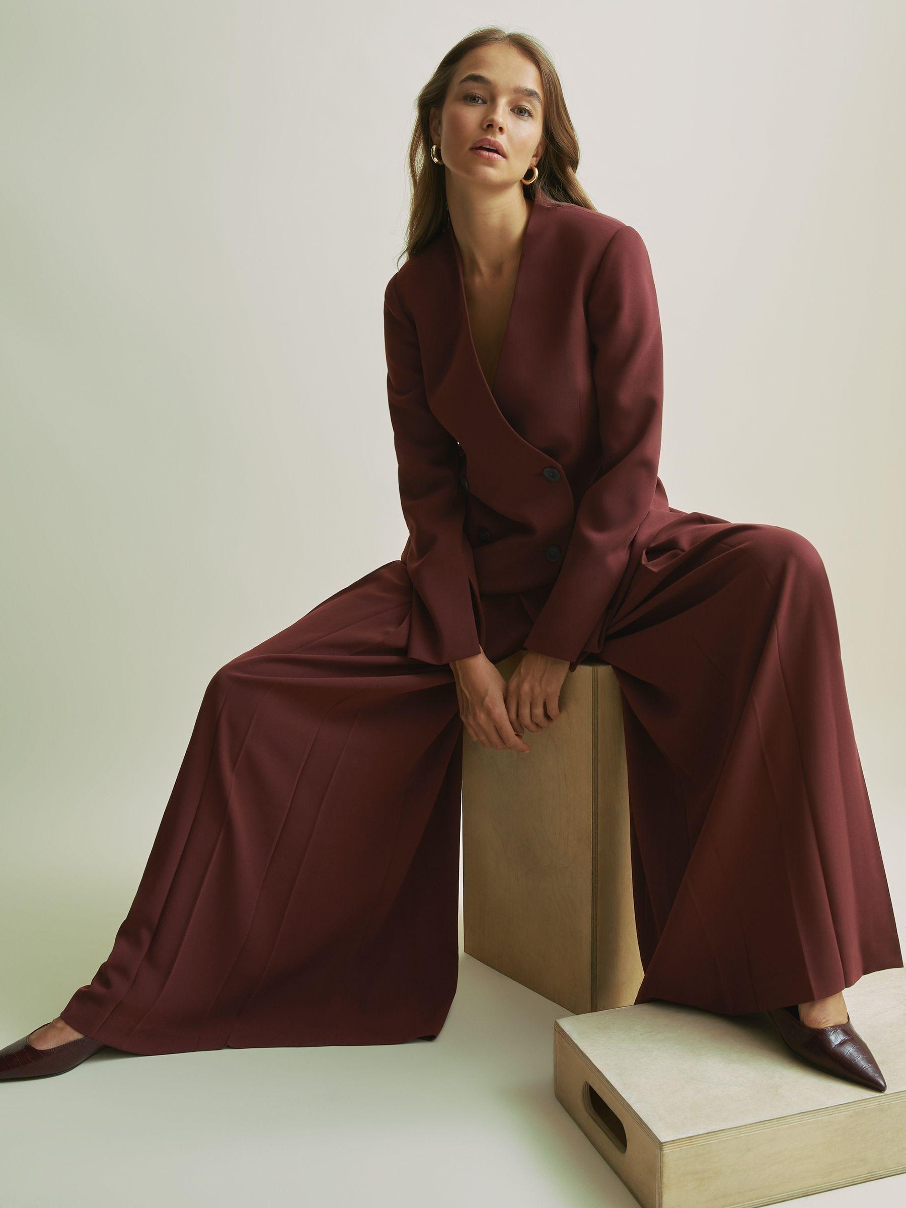 Florere Burgundy Collarless Double Breasted Blazer in Burgundy Product Image