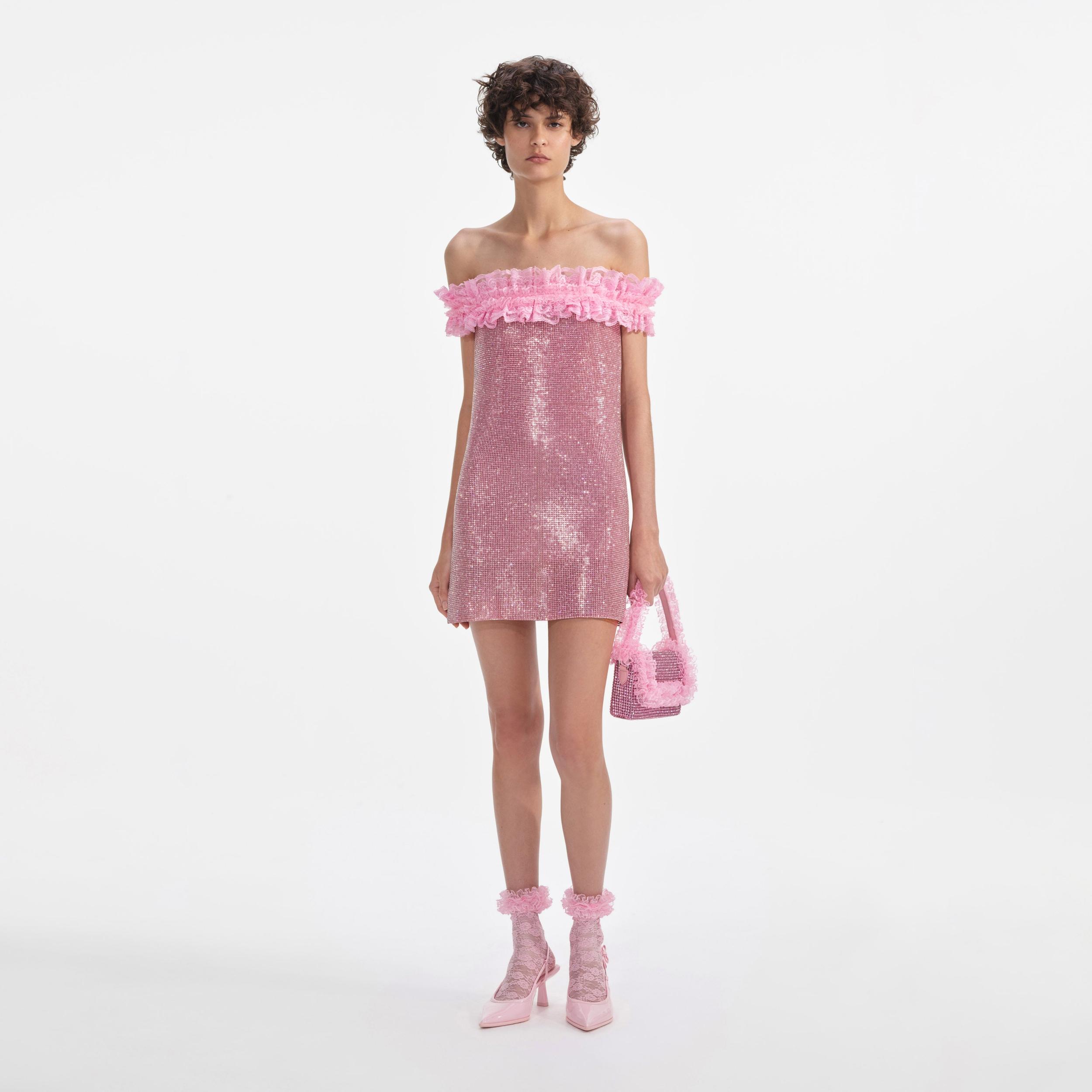 Pink Crystal Chainmail Mini Dress Product Image