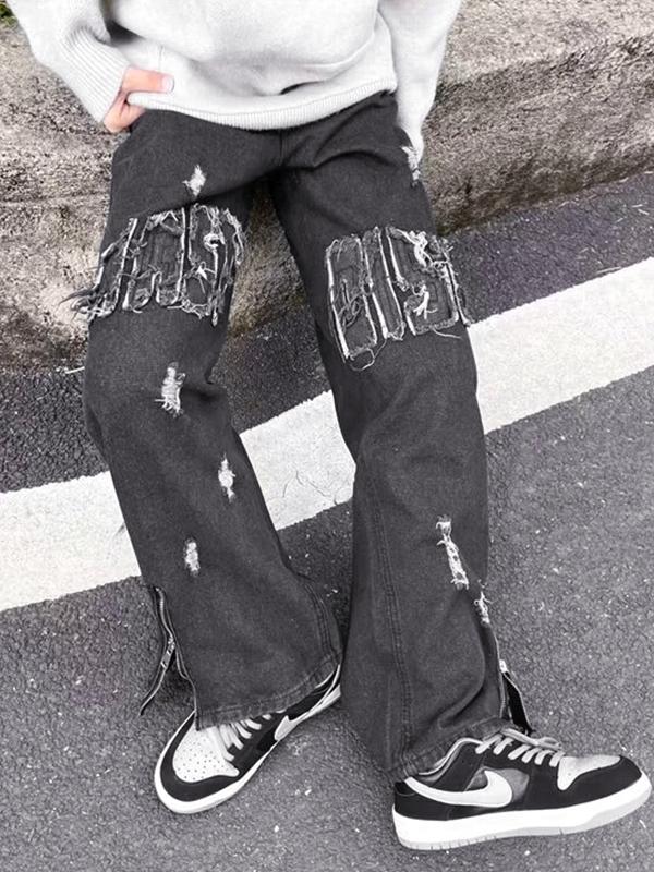 Men's Vintage Raw Trim Ripped Zip Up Loose Jeans Product Image