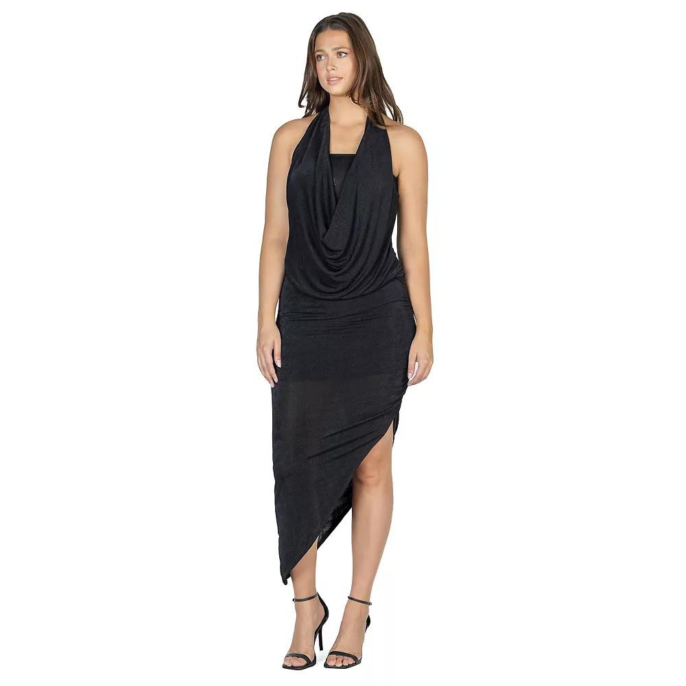 Women's 24Seven Comfort Apparel Cowlneck Long Asymmetrical Backless Halter Dress,  Product Image