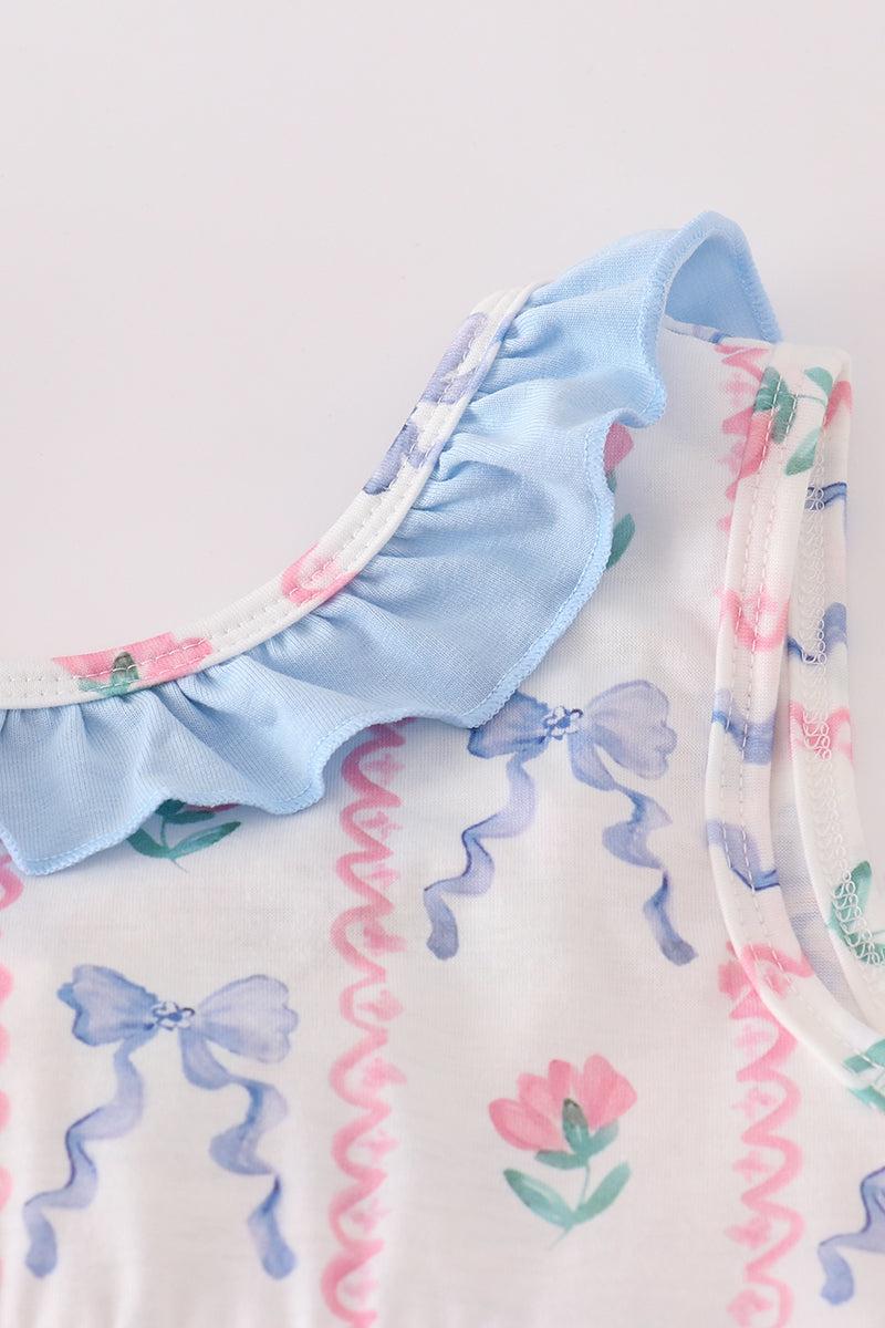 Blue floral bow ruffle shorts set Product Image