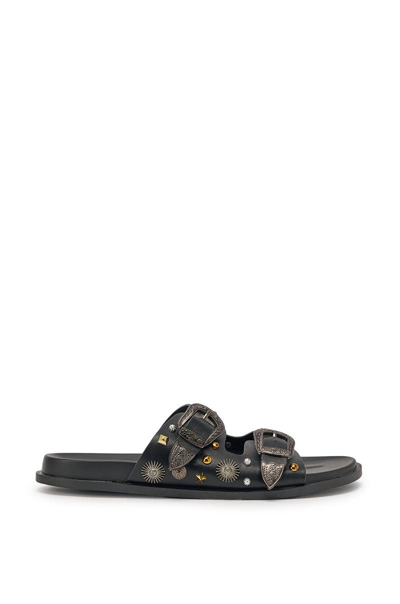 AKIRA BARCLAY BLACK METAL EMBELLISHED SLIP ON FLAT SANDAL Product Image