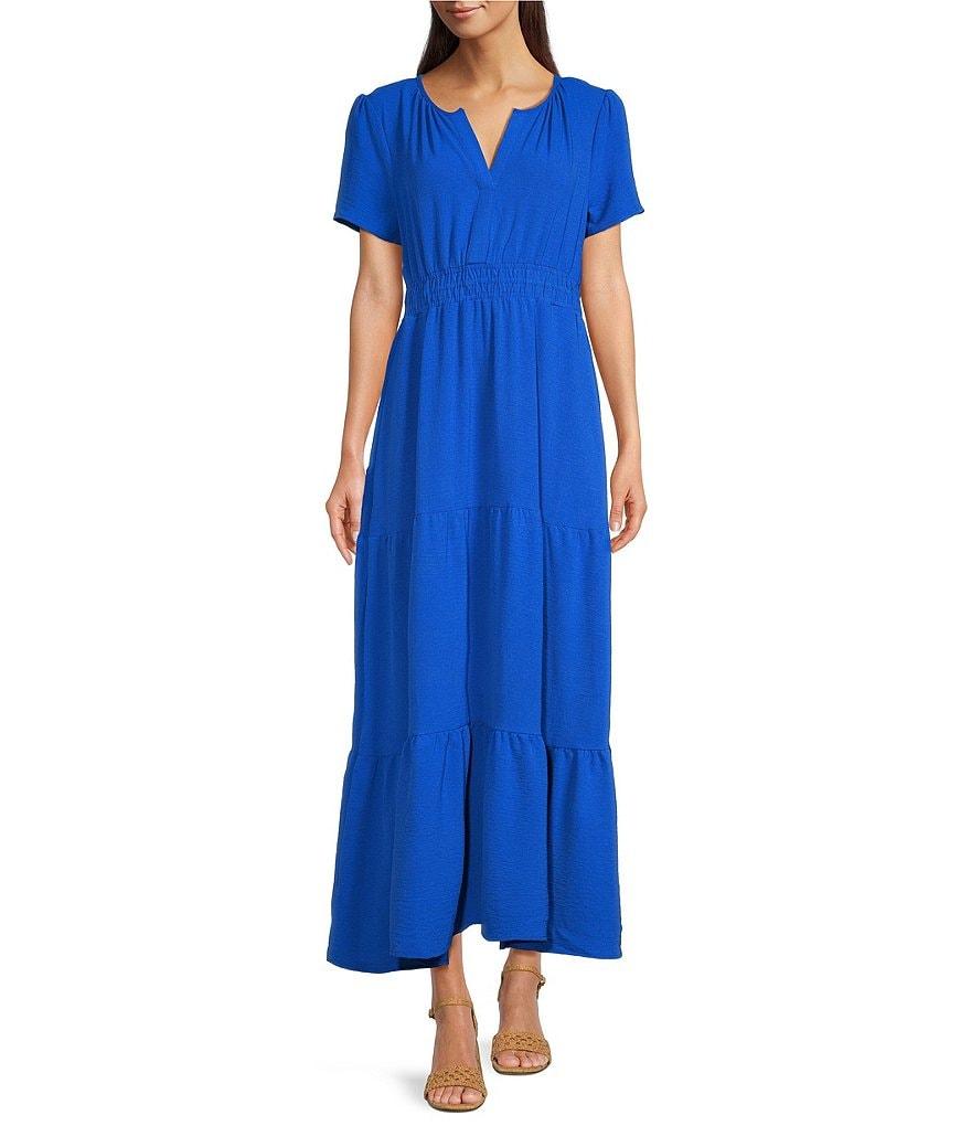 Leslie Fay Slit Round Neck Short Sleeve Tiered A Line Maxi Dress Product Image