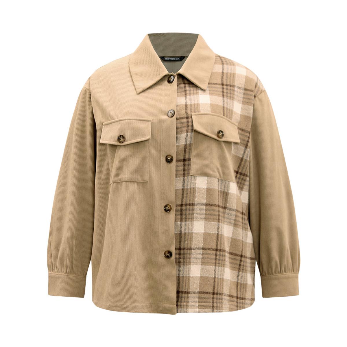 Plus Size Corduroy Plaid Patchwork Pocket Jacket Women Champagne Contrast Pocket Dailywear Jackets BloomChic 28/5X Product Image