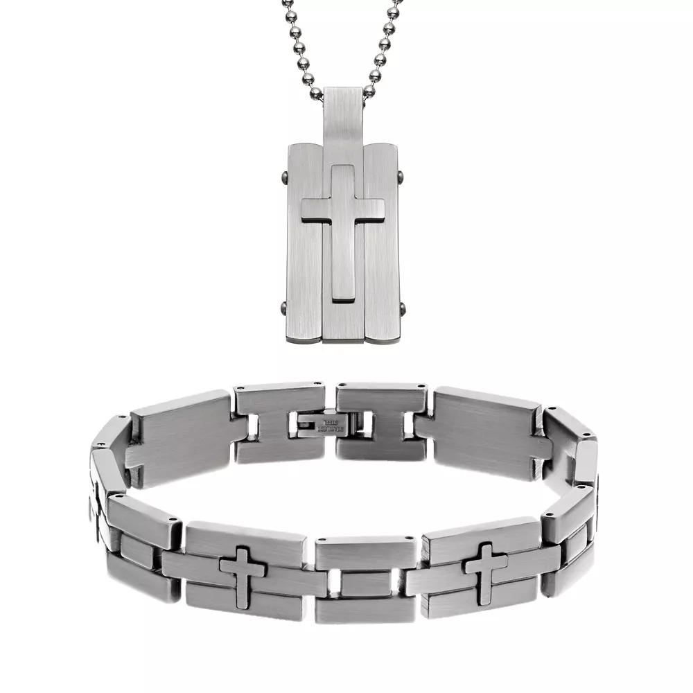 Two Tone Stainless Steel Cross Dog Tag and Bracelet Set - Men, Men's, Size: 24", Grey Product Image