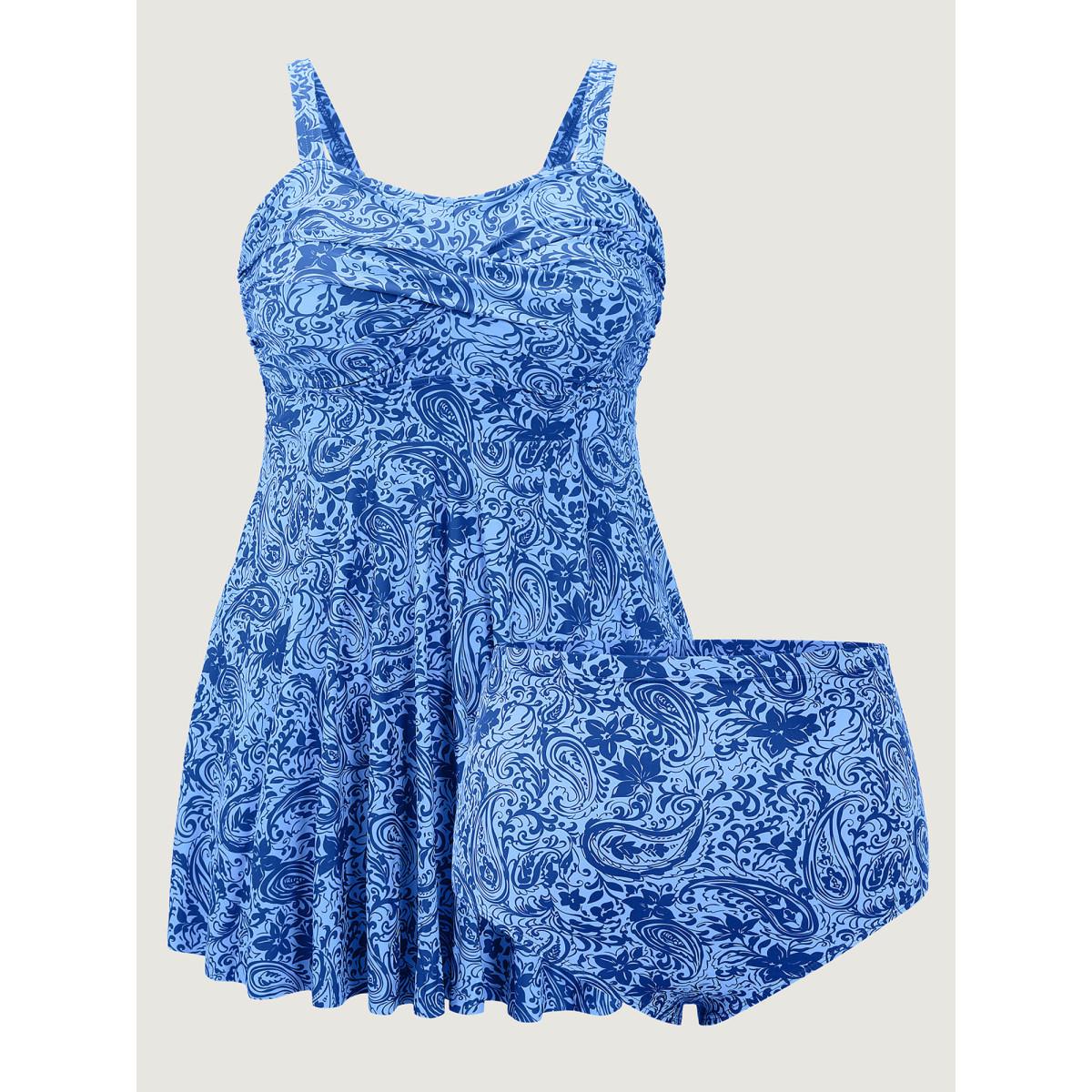 Plus Size Paisley Print Twist Front Swim Dress Women's Swimwear Greenbean Resort Bodycon U-neck High stretch Curve Swim Dresses BloomChic 30/6X Product Image