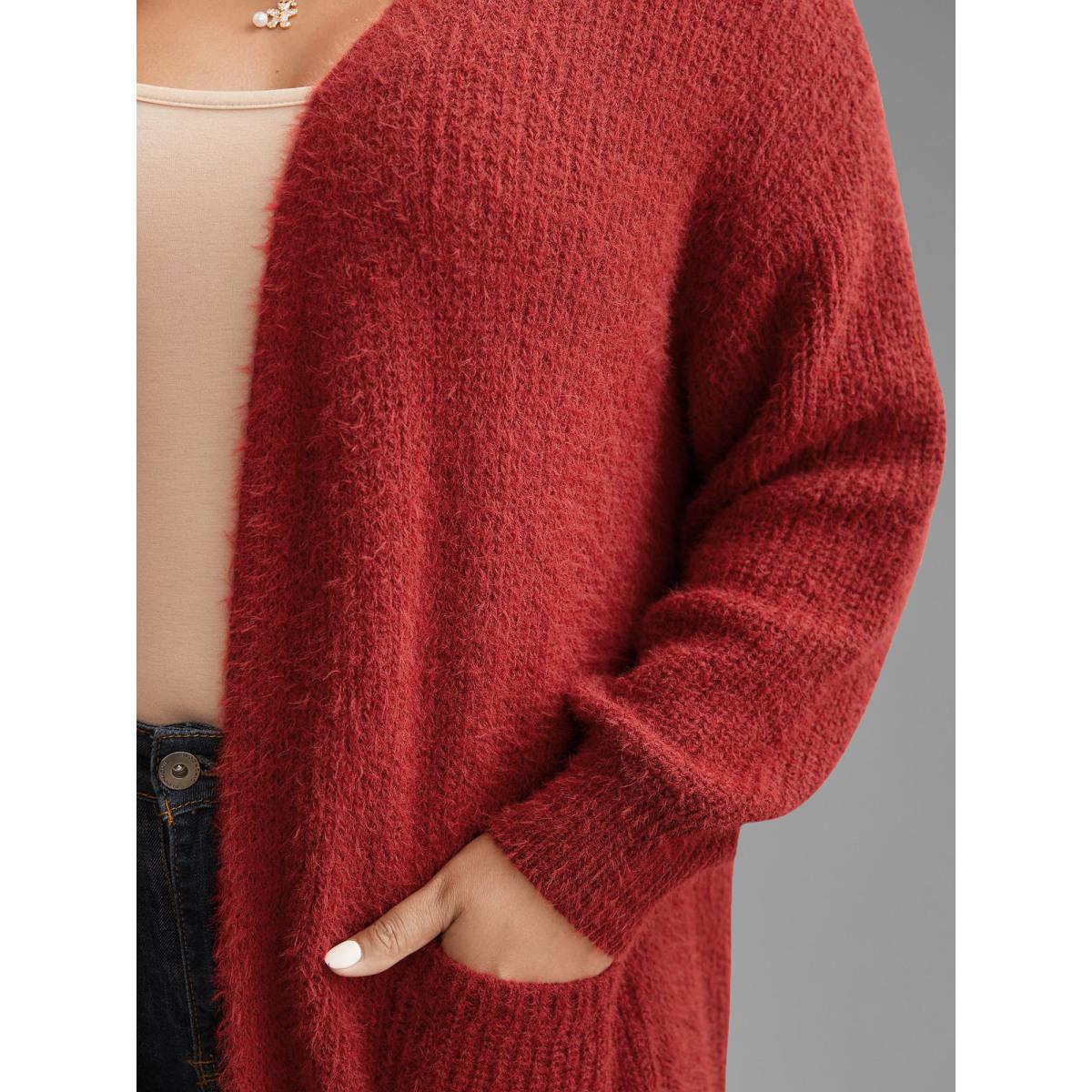 Plus Size Mink-Hair Feel Pockets Open Front Cardigan Scarlet Women Casual Loose Long Sleeve Everyday Cardigans BloomChic 14-16/1X Product Image