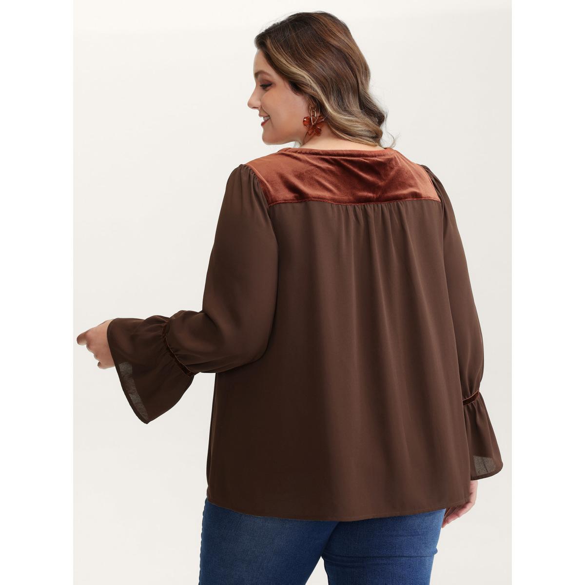 Plus Size Browncoffeecolor Embroidered Pleated Ruffled Sleeve Blouse Women Boho Long Sleeve Flat collar with V-notch Vacation Blouses BloomChic 30/6X Product Image