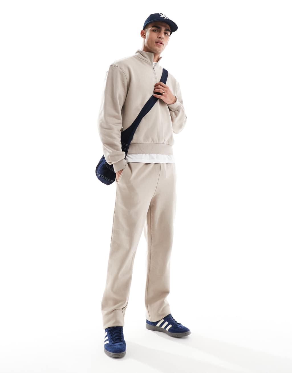 ASOS DESIGN premium heavyweight boxy oversized quarter zip sweatshirt 400gsm in beige Product Image