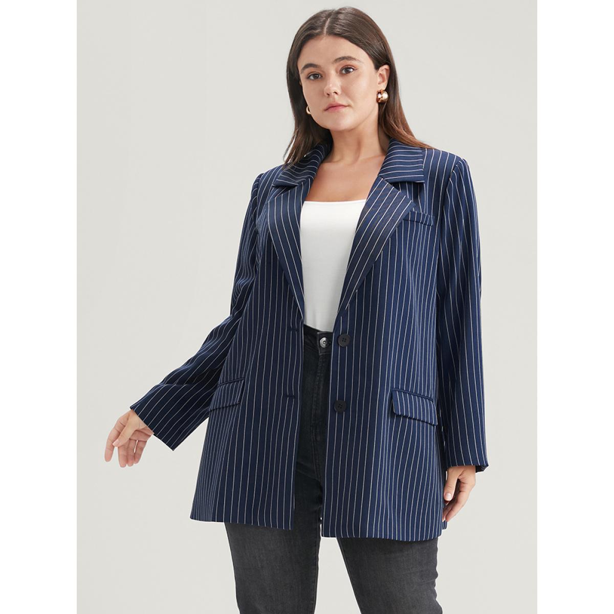 Plus Size Striped Suit Collar Flap Pocket Button Up Blazer Without Belt DarkBlue Women Work Striped Pocket Sleeve Long Sleeve Suit Collar 22-24/3X Pocket Office Blazers BloomChic Product Image