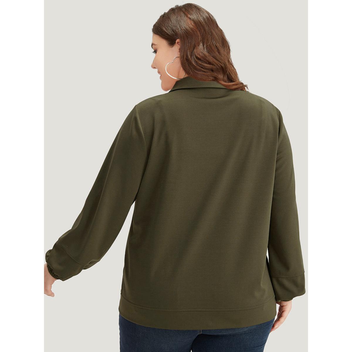 Plus Size Plain Slant Pocket Button Up Elastic Cuffs Jacket Women ArmyGreen Elastic cuffs Pocket Everyday Jackets BloomChic 30/6X Product Image