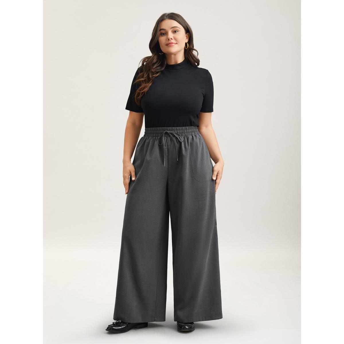 Plus Size Waist Drawstring Plaid Wide Leg Pants Women Black At the Office Wide Leg Mid Rise Work Pants BloomChic 18-20/2X Product Image