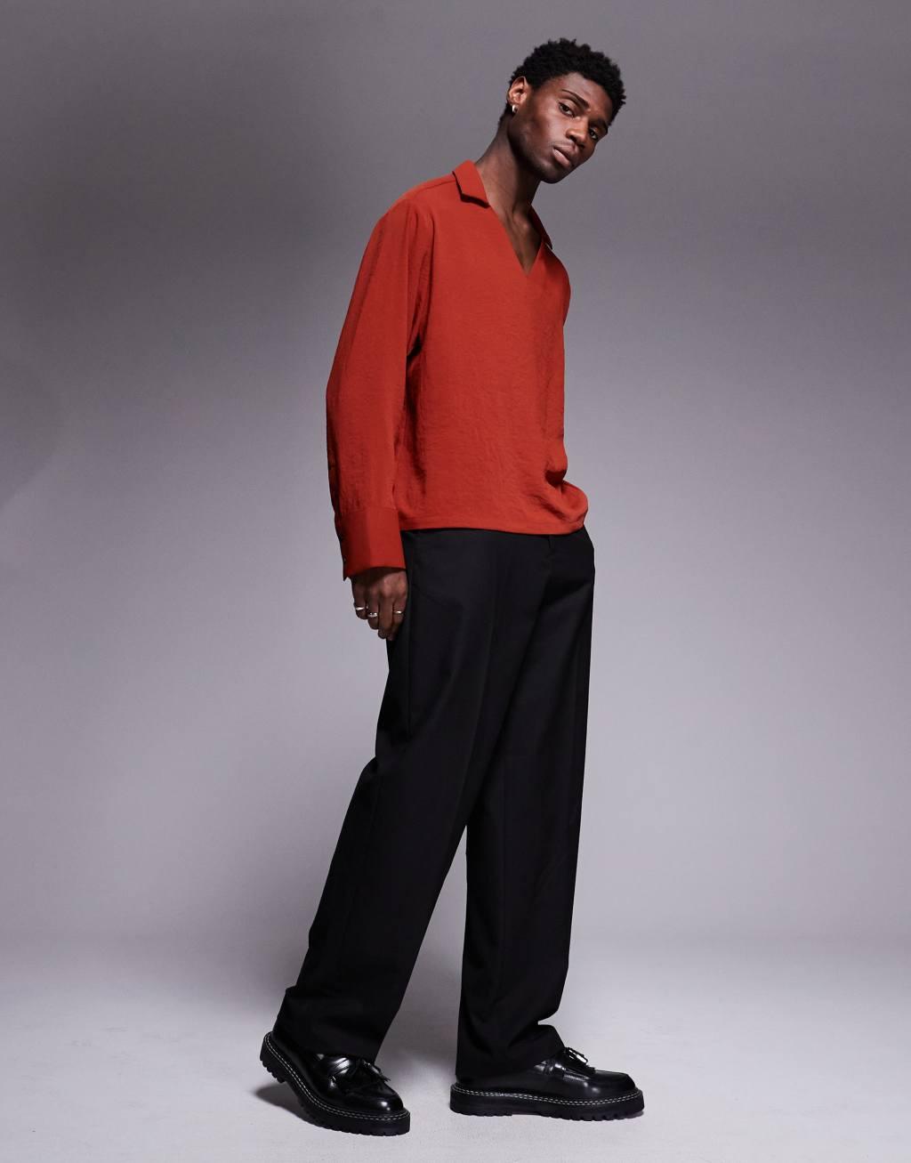 ASOS DESIGN boxy oversized deep camp collar shirt in red Product Image