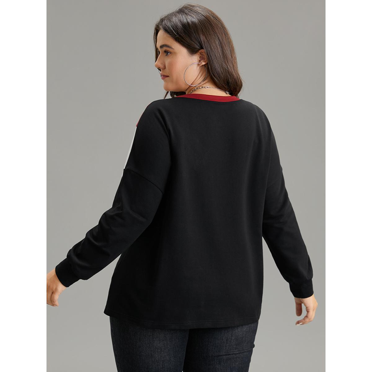 Plus Size Colorblock Contrast Round Neck Drop Shoulder Sweatshirt Women Black Casual Contrast Round Neck Dailywear Sweatshirts BloomChic 26/4X Product Image