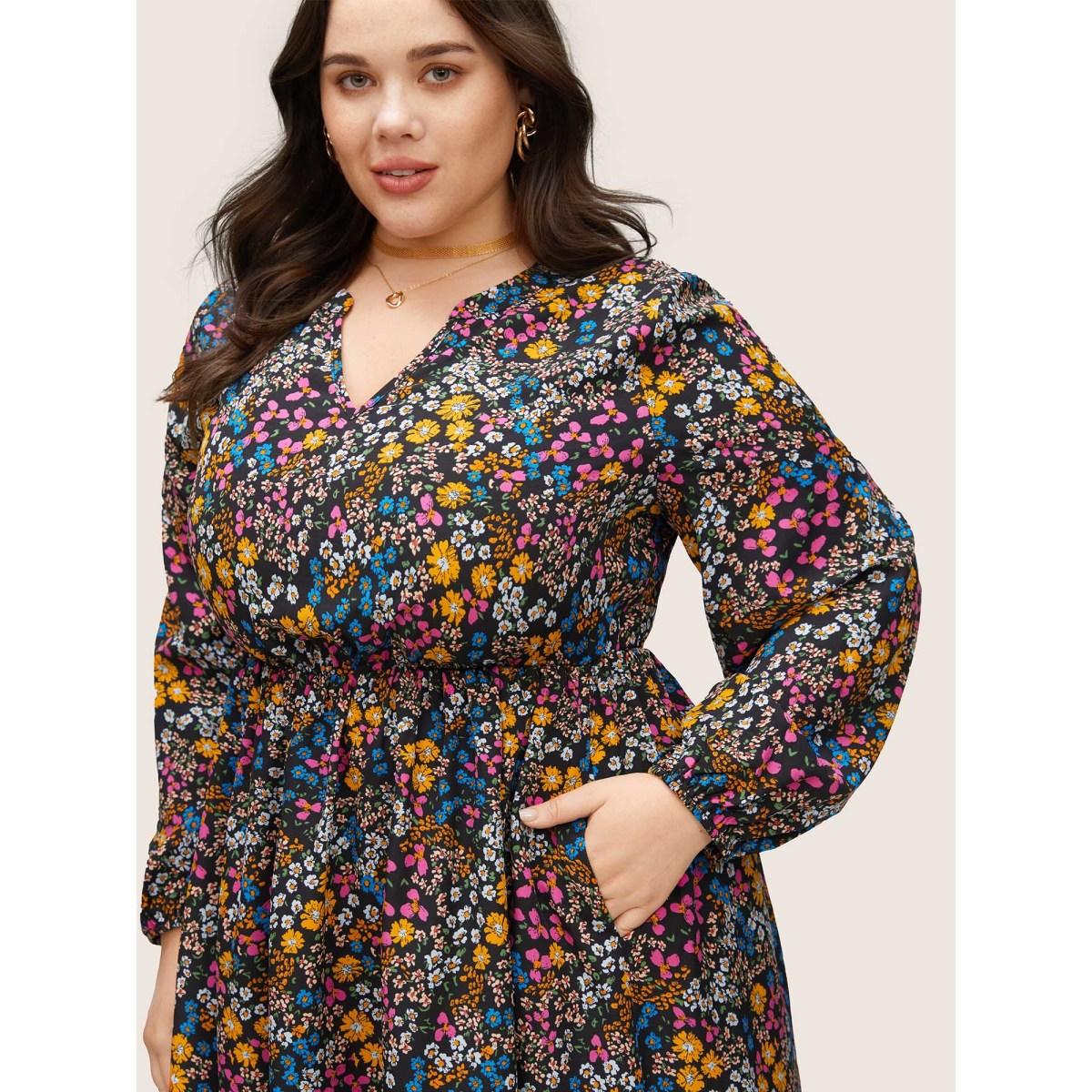 Plus Size Ditsy Floral Notched Pocket Lantern Sleeve Dress Black Women Elegant Non Notched collar Long Sleeve Curvy Midi Dress BloomChic 14-16/1X Product Image