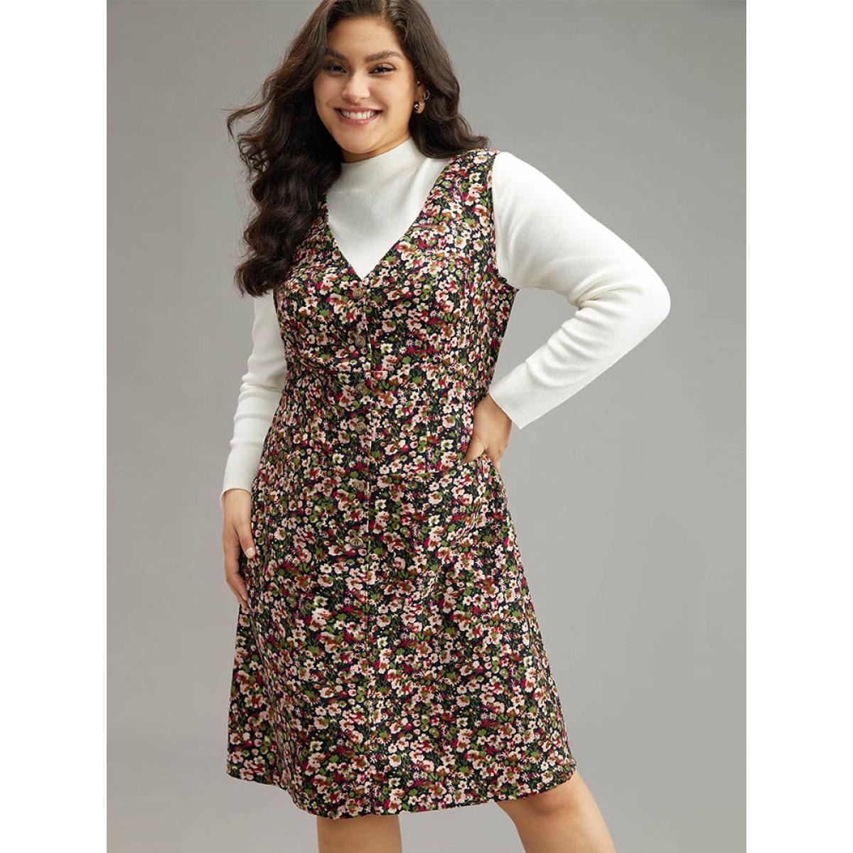 Plus Size Ditsy Floral Pocket Button Detail Tank Dress Indigo Women Elegant Printed V-neck Sleeveless Curvy Knee Dress BloomChic 14-16/1X Product Image