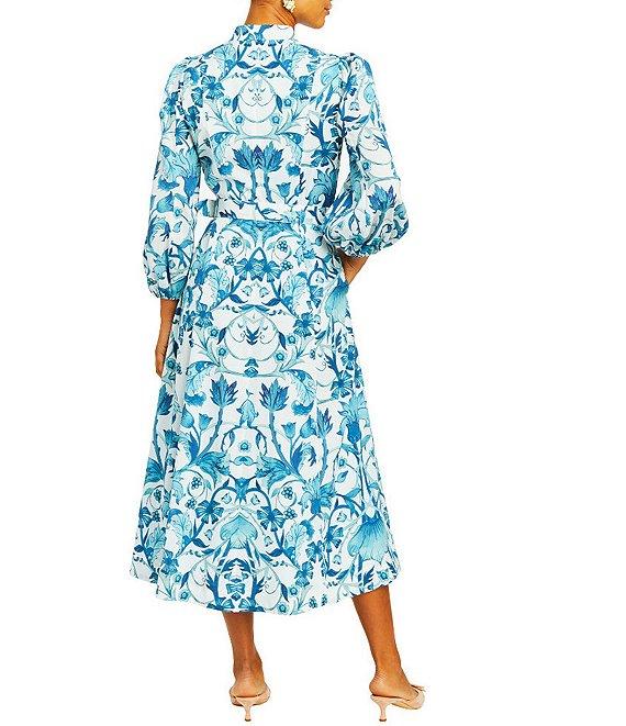 Mestiza New York Valencia Twill Split V-Neck Mandarin Collar 3/4 Balloon Sleeve Belted Midi A-Line Dress Product Image