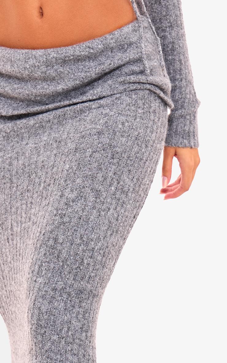 Charcoal Ribbed Knit Ruched Fold Over Maxi Skirt Product Image