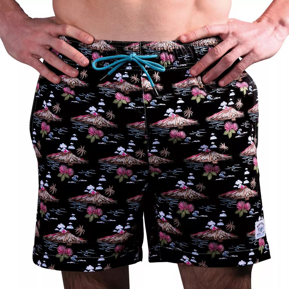 Men's Beach Bros 6.5-Inch Volcano Print 4-Way Stretch Mesh Lined Swim Trunks, Size: XL, Black Product Image