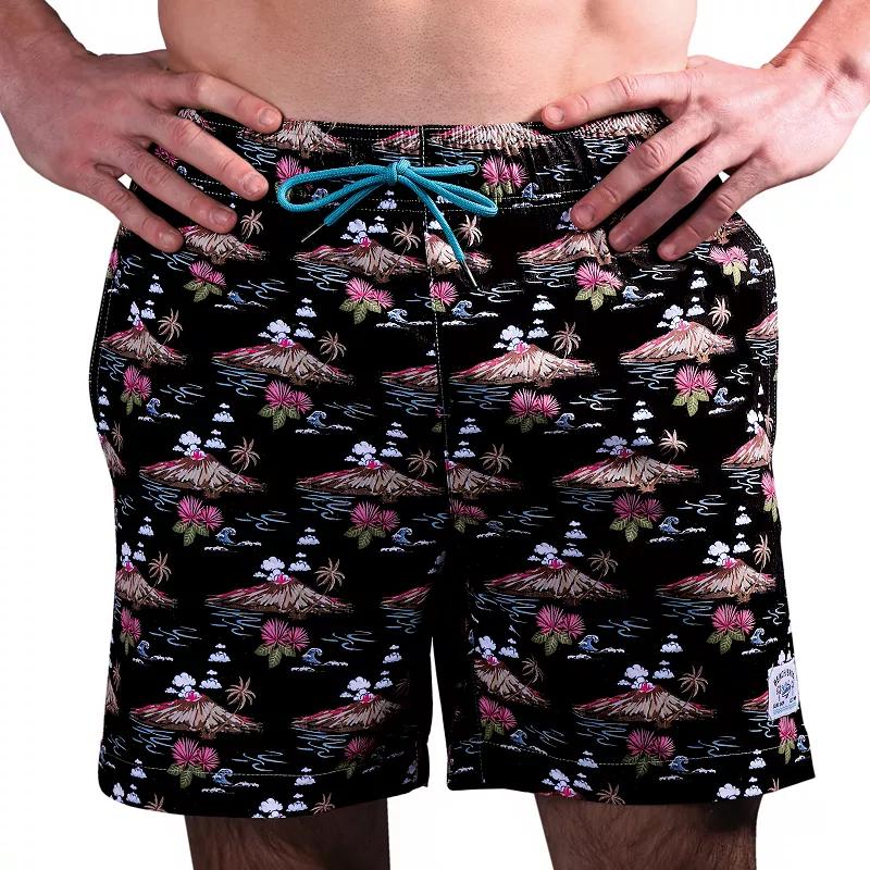 Men's Beach Bros 6.5-Inch Volcano Print 4-Way Stretch Mesh Lined Swim Trunks, Size: XL, Black Product Image