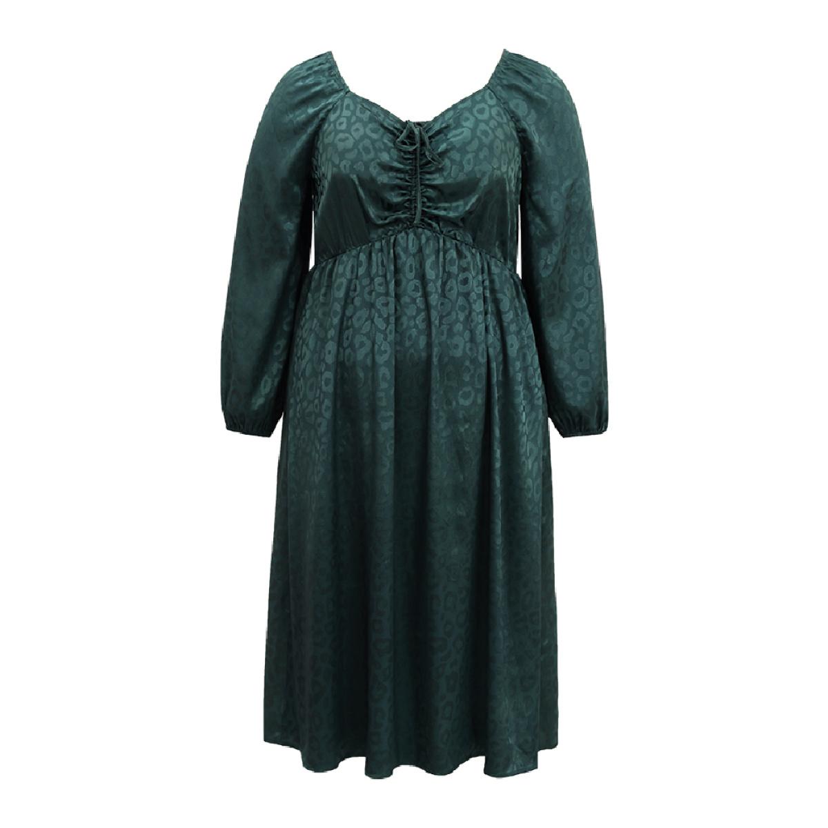 Plus Size Leopard Square Neck Elastic Waist Ties Dress Cyan Women Glamour Elastic cuffs Square Neck Long Sleeve Curvy Midi Dress BloomChic 26/4X Product Image