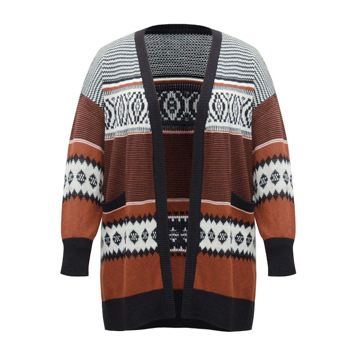 Plus Size Bandana Print Open Front Patched Pocket Cardigan Rust Women Casual Loose Long Sleeve Dailywear Cardigans BloomChic 12/L Product Image