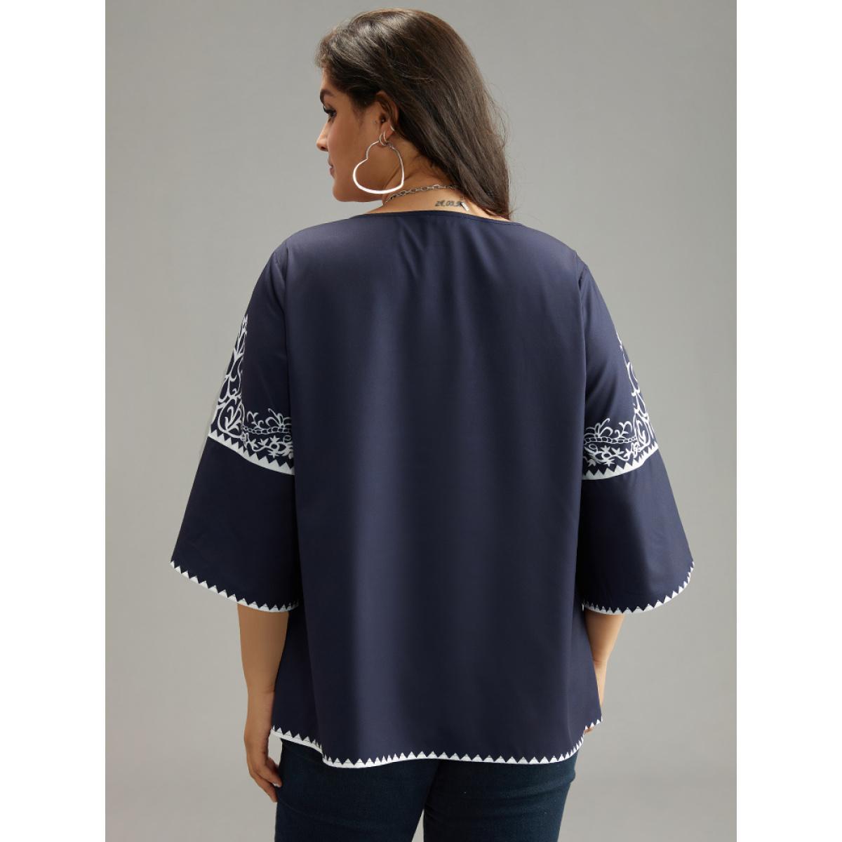 Plus Size Indigo Boho Print V Neck Petal Sleeve Blouse Women Vacation Elbow-length sleeve V-neck Dailywear Blouses BloomChic 30/6X Product Image