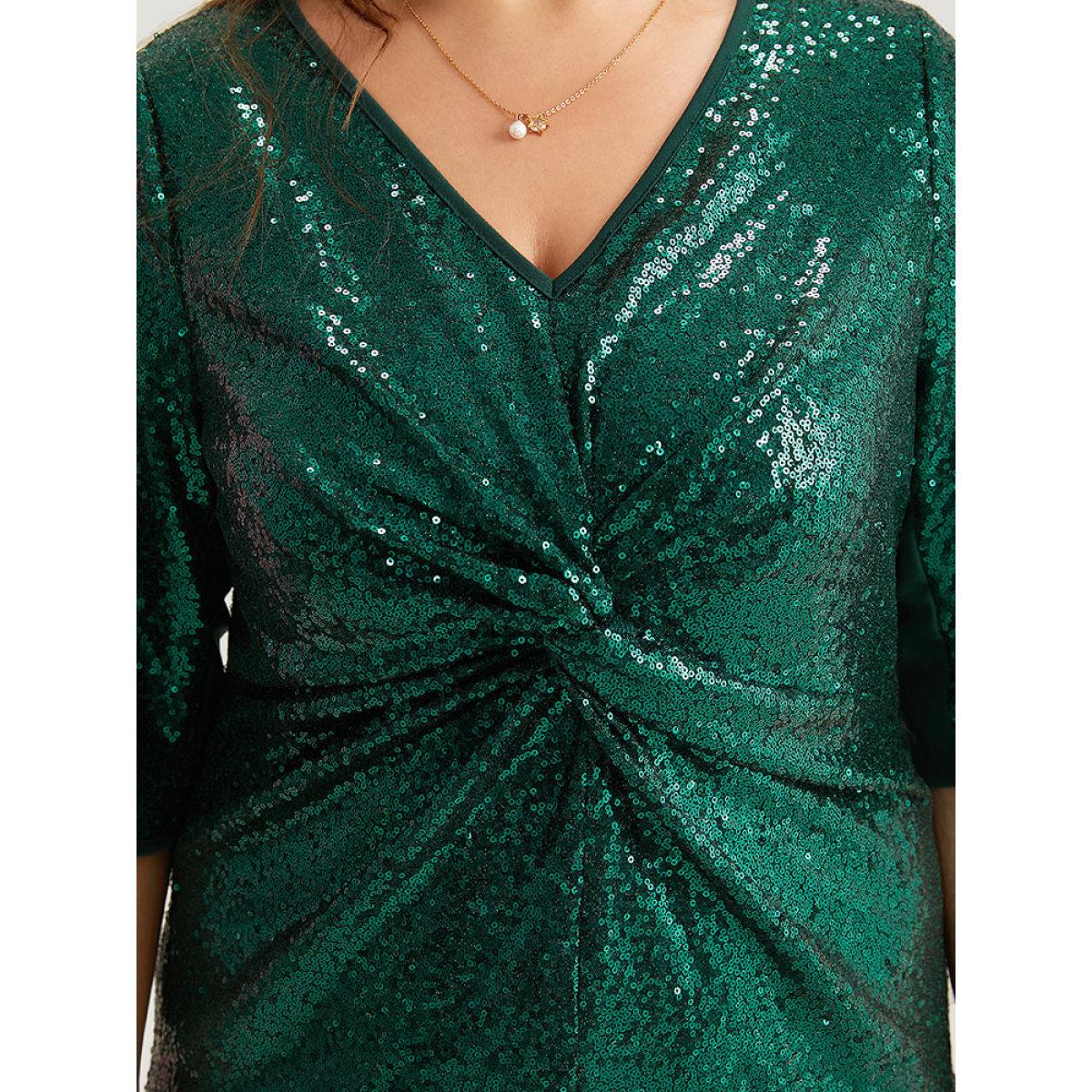 Plus Size Sequin Twist Front V Neck Dress DarkGreen Women Party Plain V-neck Short sleeve Curvy Knee Dress BloomChic 18-20/2X Product Image