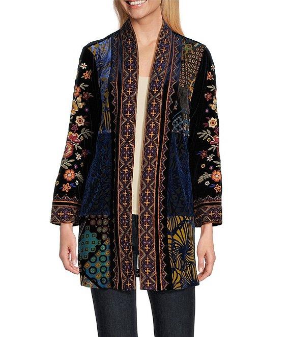 John Mark Patched Burnout Velvet 3/4 Sleeve Open Front Jacket Product Image