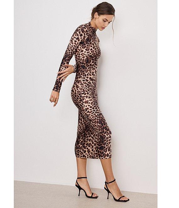 Good American Leopard Print Satin Shine Mock Neck Long Sleeve Bodycon Dress Product Image