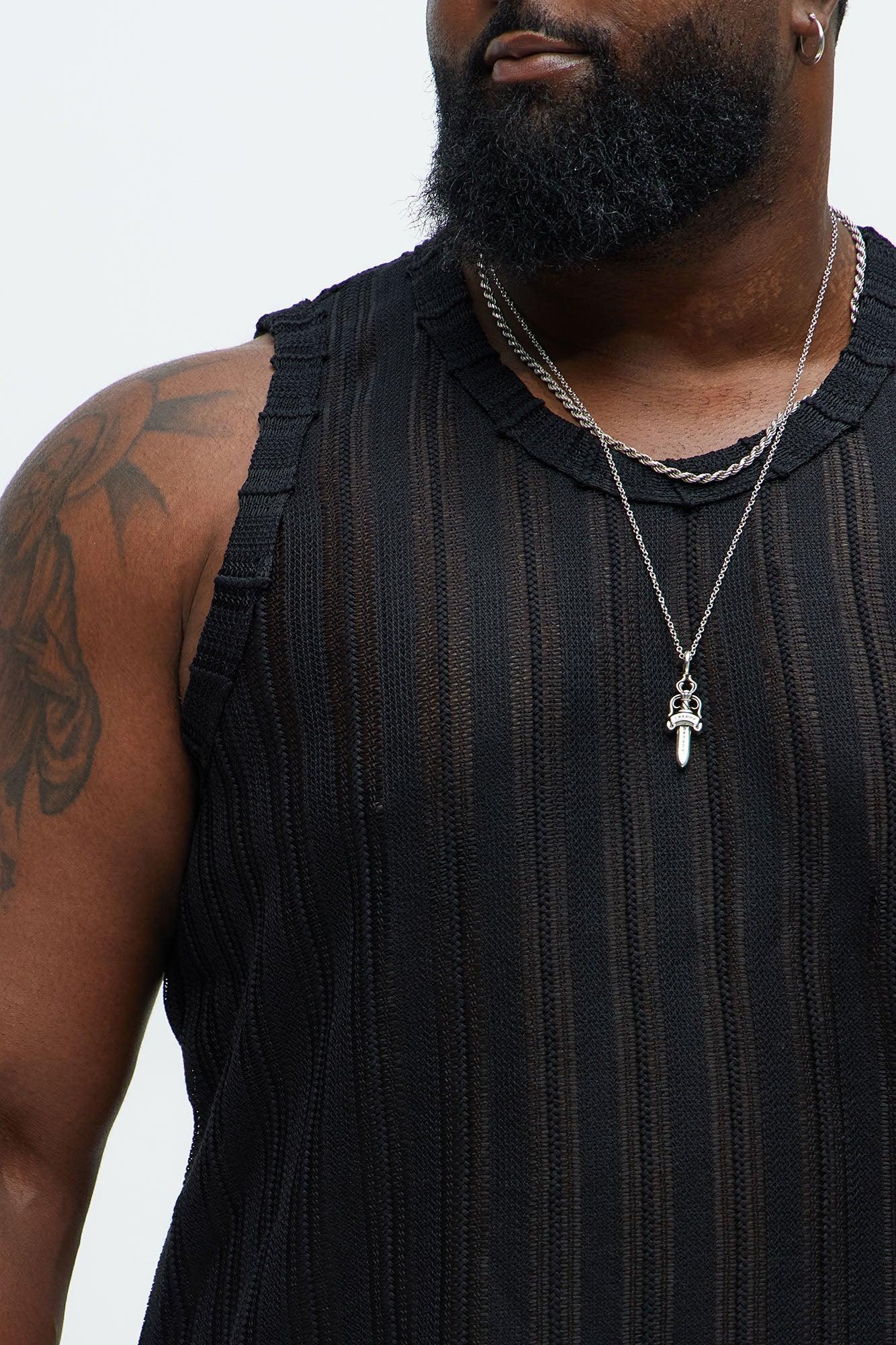 Striped Open Knit Tank - Black Product Image