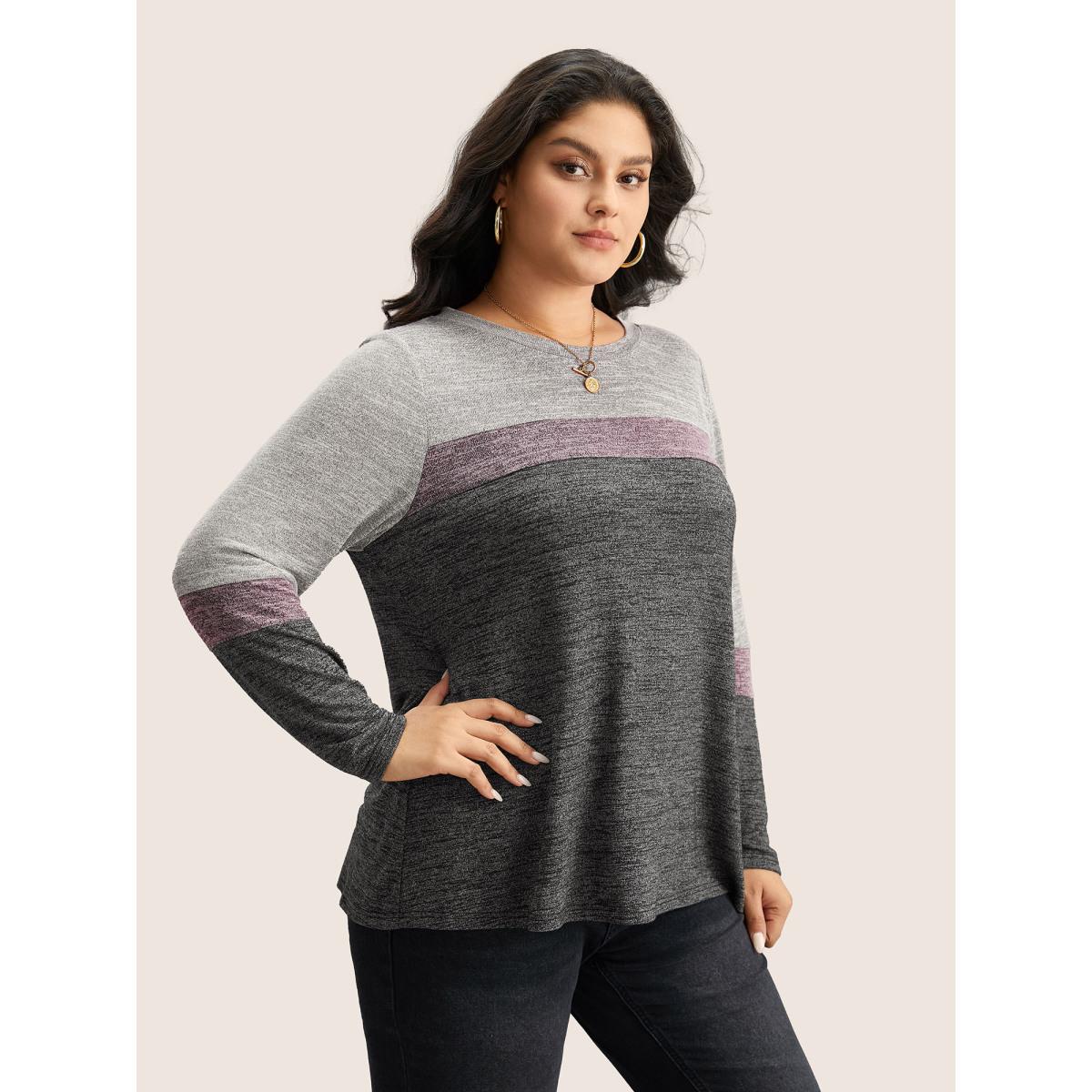 Plus Size Heather Colorblock Contrast Crew Neck T-shirt Multicolor Women Casual Texture Plain Round Neck Everyday T-shirts BloomChic 18-20/2X Product Image