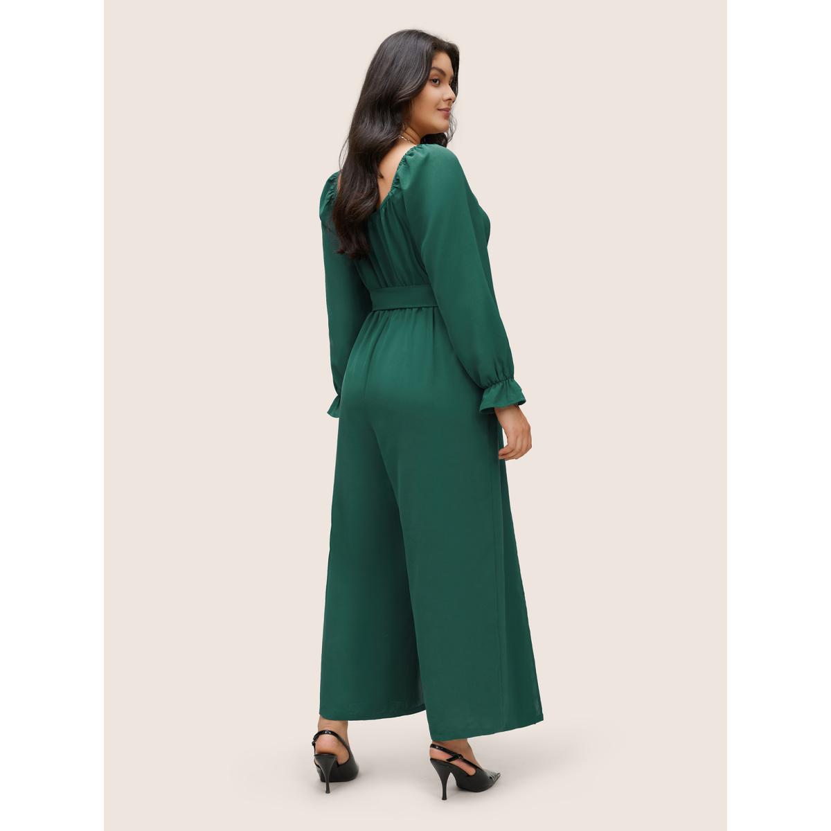 Plus Size Emerald Plain Square Neck Belted Split Hem Jumpsuit Women Resort Long Sleeve Square Neck Vacation Loose Jumpsuits BloomChic 22-24/3X Product Image