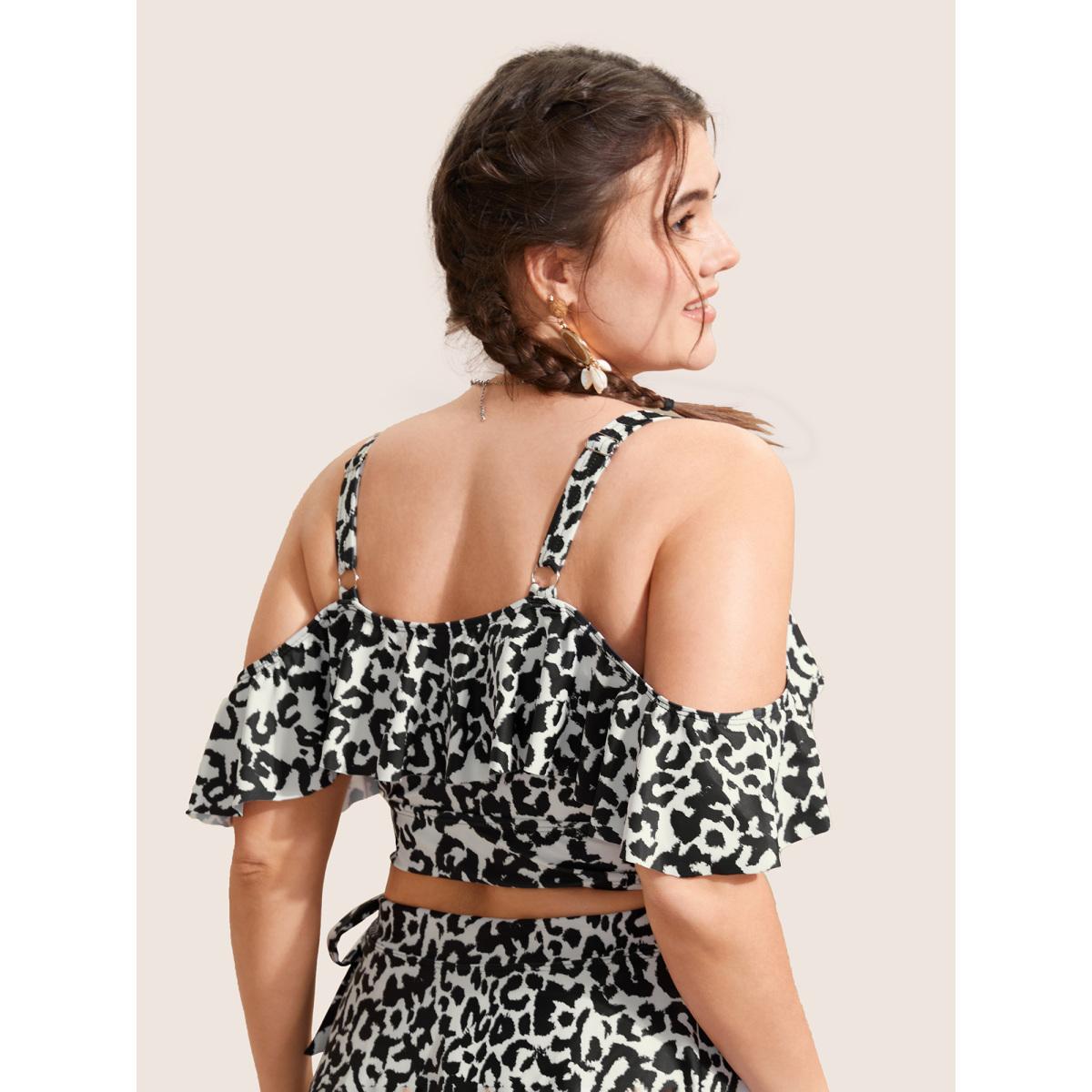 Plus Size Leopard Print Ruffles Adjustable Straps Swim Top Women's Swimwear Beige Beach Ruffles High stretch Bodycon One-shoulder neck Curve Swim Tops BloomChic 14-16/1X Product Image