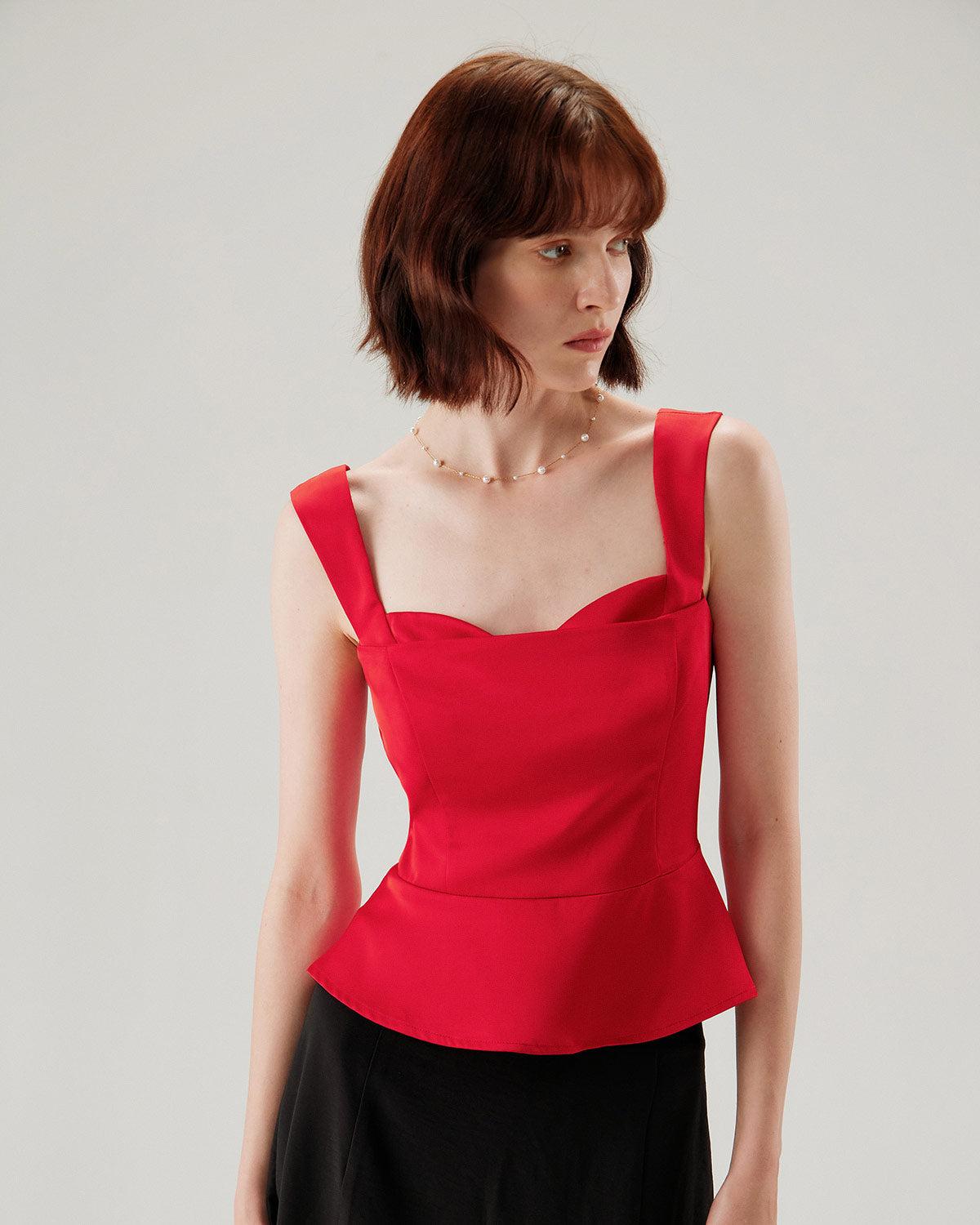 Red Sweetheart Neck Ruffle Tank Top Product Image