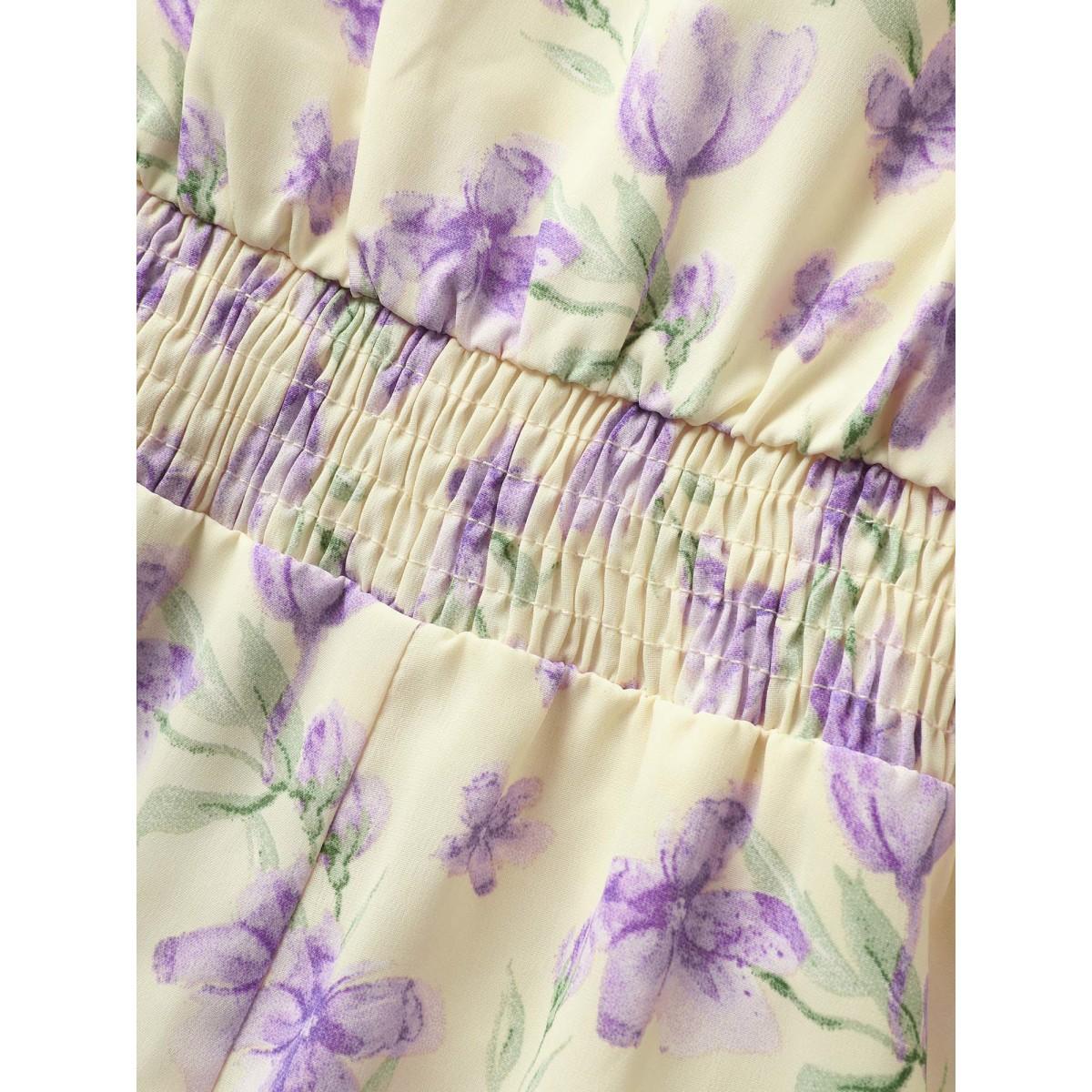 Plus Size Floral Ruffles Shirred Sleeveless Midi Dress Apricot Women Elegant Cross straps V-neck Sleeveless Curvy BloomChic 28/5X Product Image