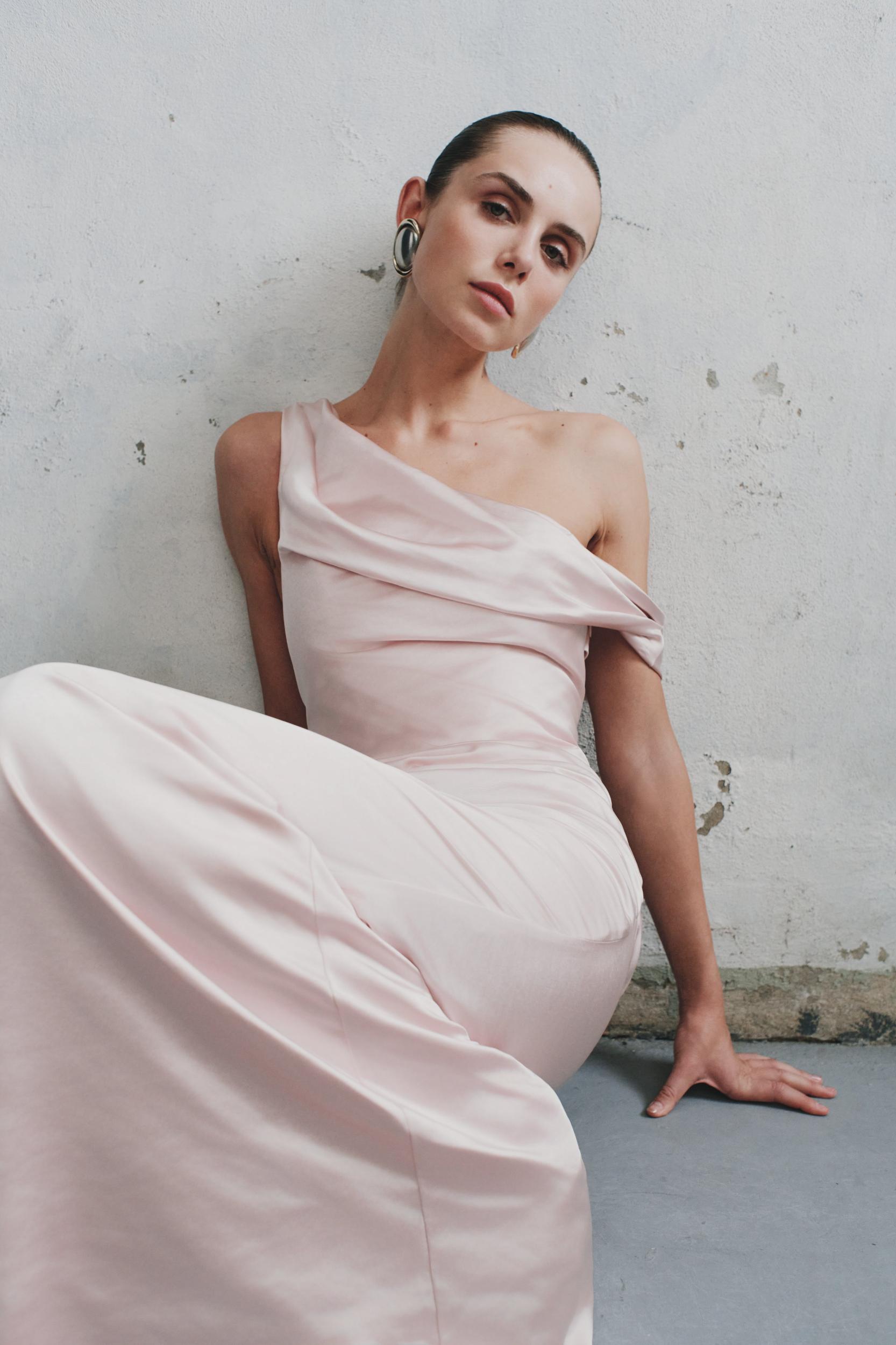 Dalia Off Shoulder Satin Maxi Dress - Soft Pink Product Image