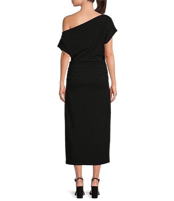 Gibson & Latimer Crepe Knit Asymmetric Neck One Shoulder Off-the-Shoulder Short Sleeve Ruched Sheath Midi Dress Product Image