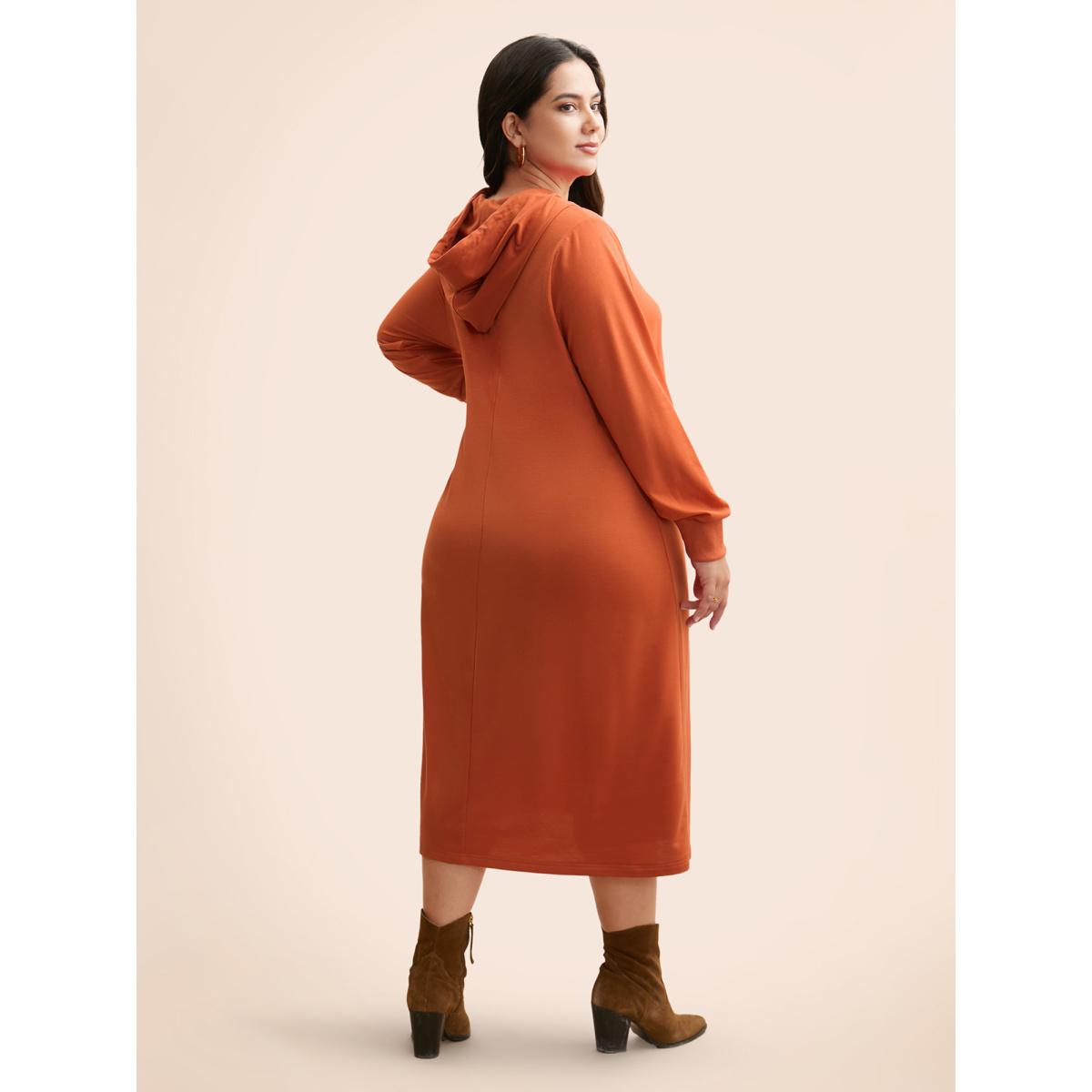 Plus Size Plain Hooded Drawstring Kangaroo Pocket Dress OrangeRed Women Casual Non Hooded Long Sleeve Curvy BloomChic 10/M Product Image