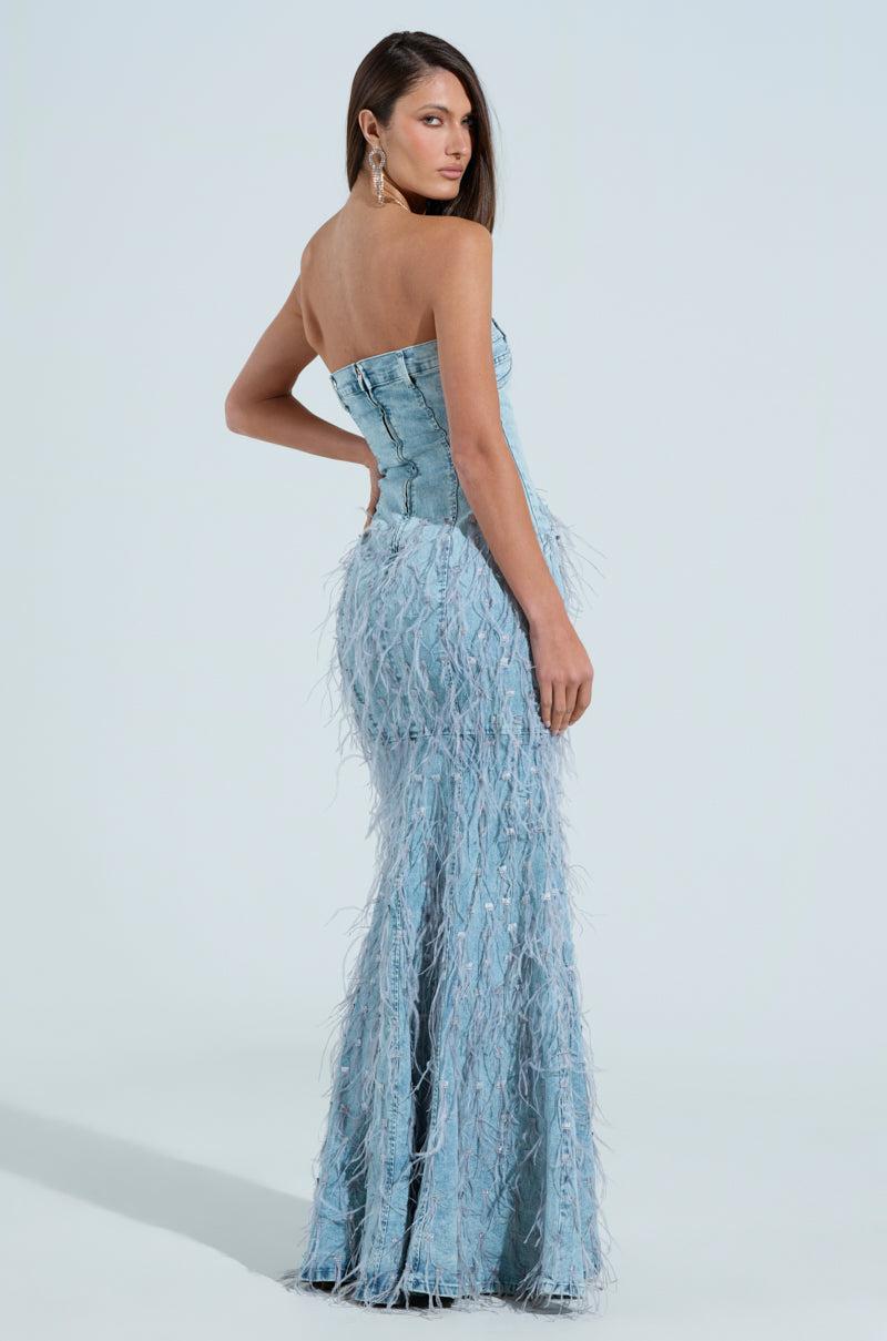 BRITTANY FEATHER DENIM MAXI DRESS Product Image