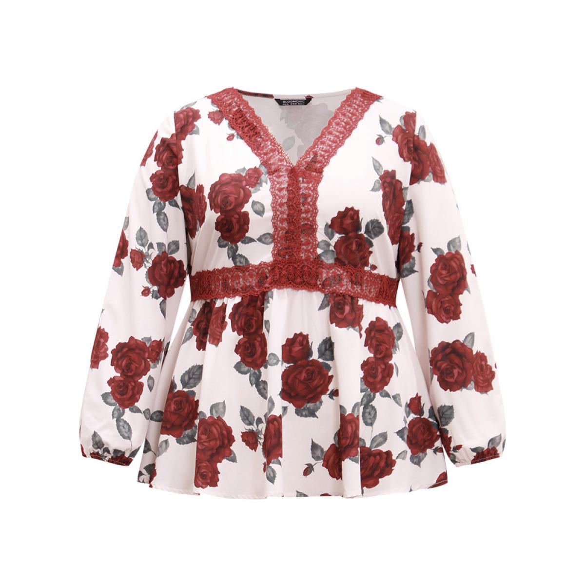 Plus Size Scarlet Floral Print Eyelet Lace Lantern Sleeve Blouse Women Glamour Long Sleeve V-neck Going out Blouses BloomChic 10/M Product Image