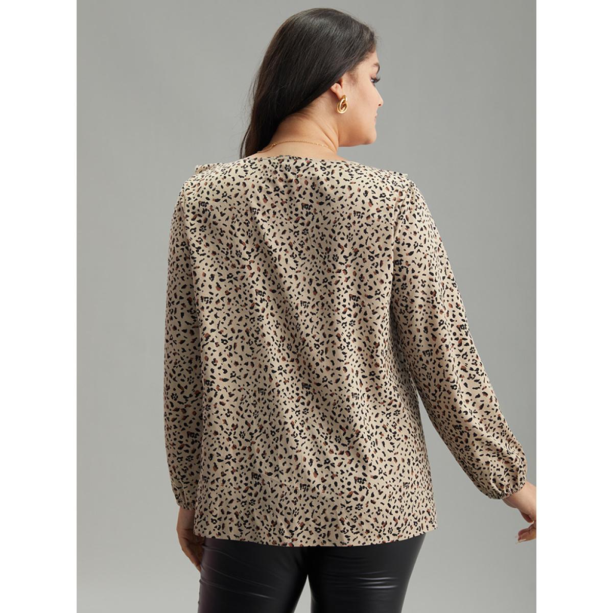 Plus Size Apricot Leopard Print Ties Flutter Trim Blouse Women Office Long Sleeve V-neck Work Blouses BloomChic 10/M Product Image