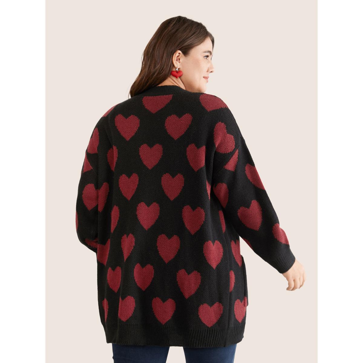 Plus Size Heart Geometric Contrast Pocket Cardigan Black Women Casual Long Sleeve Everyday Cardigans BloomChic 14-16/1X Product Image