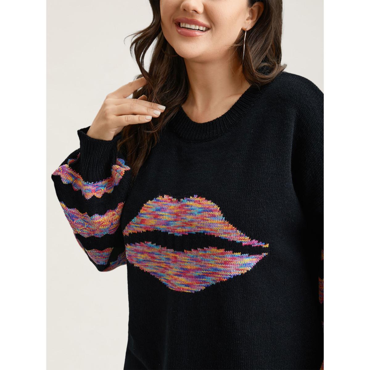 Plus Size Lips Motif Jacquard Color Contrast Pullover Black Women Casual Loose Long Sleeve Round Neck Everyday Pullovers BloomChic 26/4X Product Image