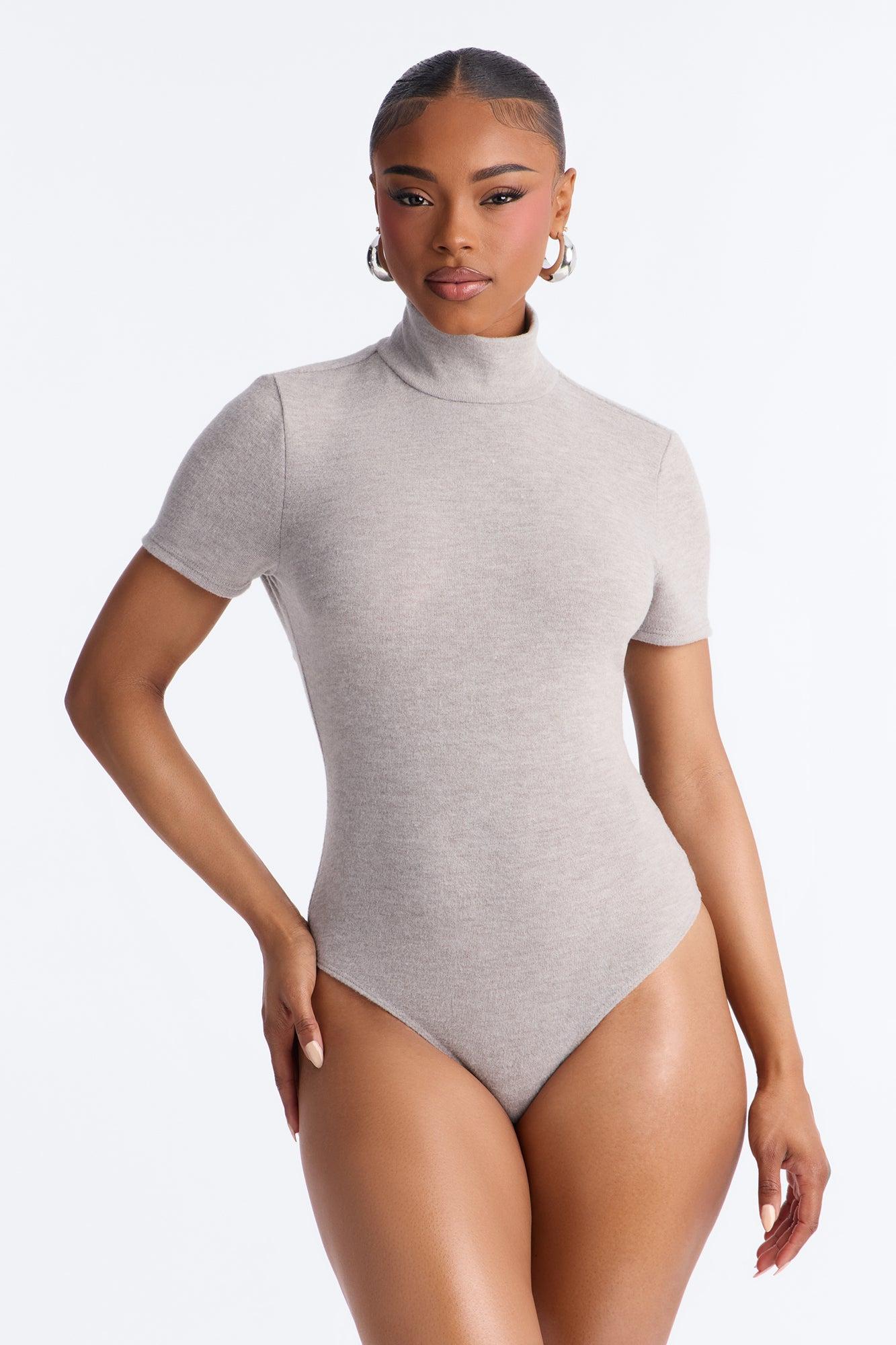 Marenna Mock Neck Short Sleeve Hacci Bodysuit - Grey Female Product Image