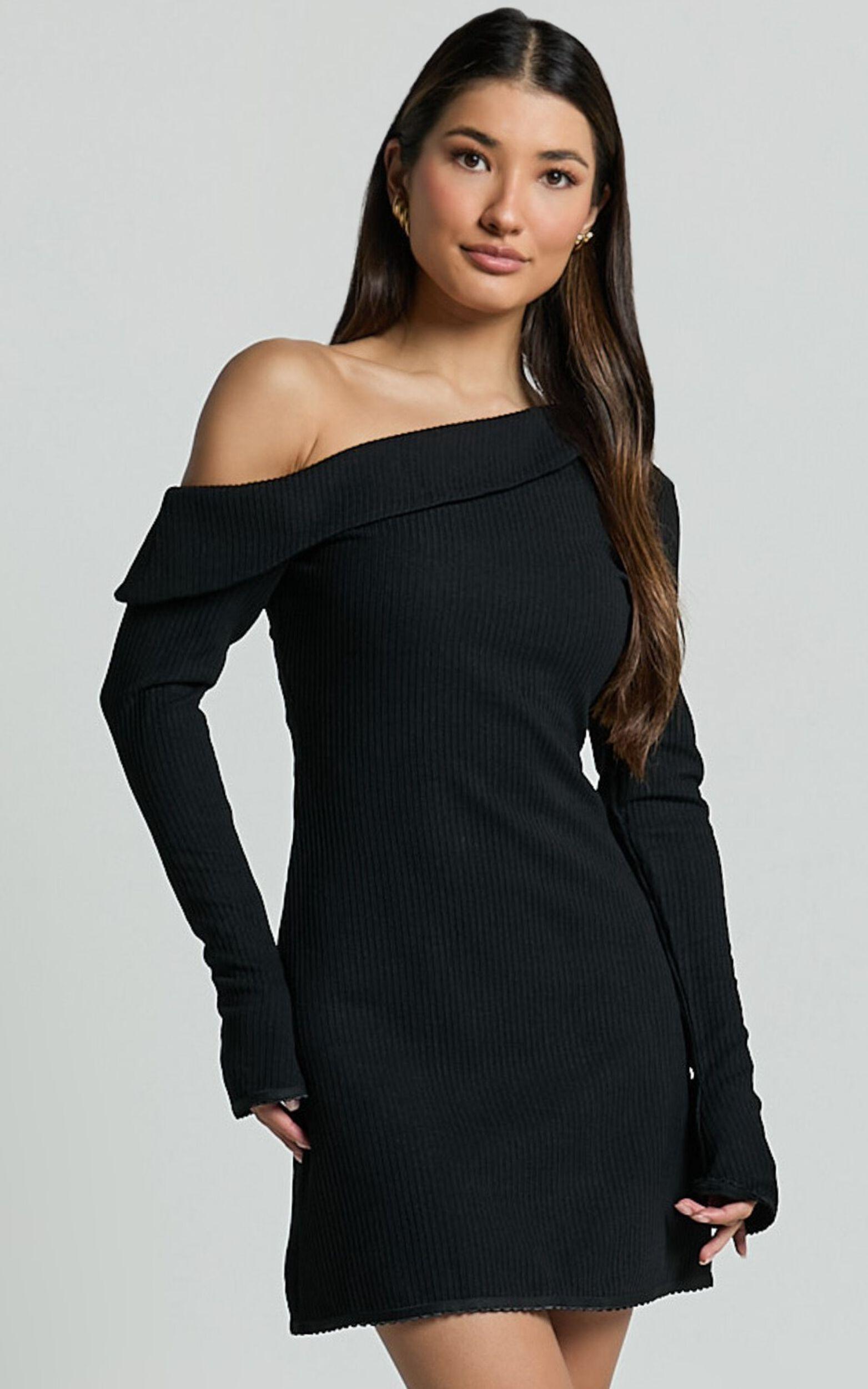 Danielle Mini Dress - Off Shoulder Long Sleeve Fitted Dress in Black Product Image